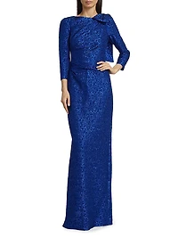 Jacquard-Knit Metallic Bow Gown