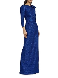 Jacquard-Knit Metallic Bow Gown