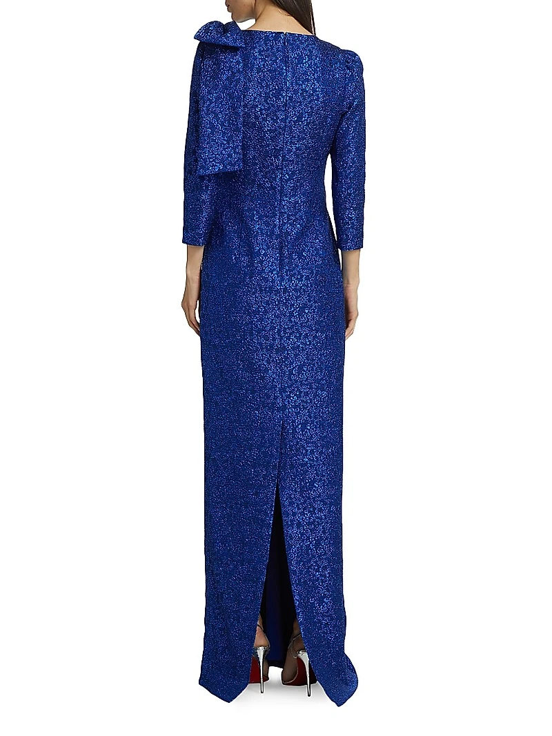 Jacquard-Knit Metallic Bow Gown