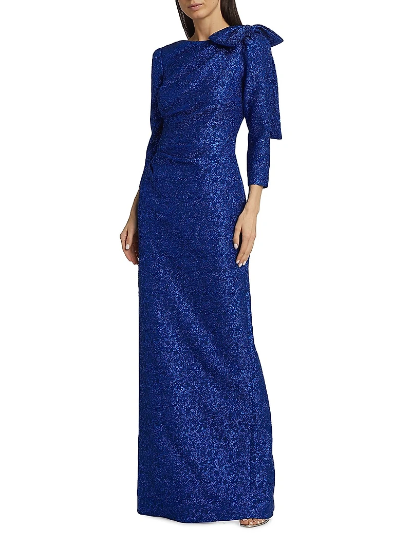 Jacquard-Knit Metallic Bow Gown