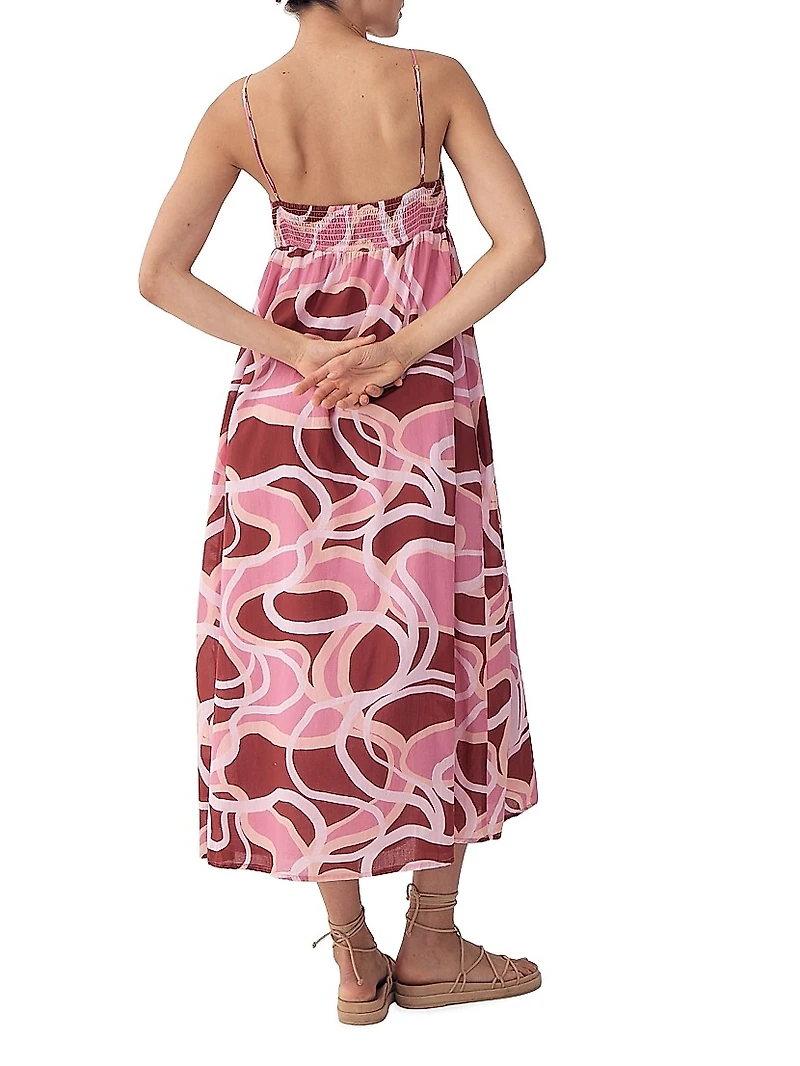 Rio Printed Cotton Ruched Maxi Dress