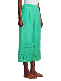 Resort Linen Cropped Eyelet Pants