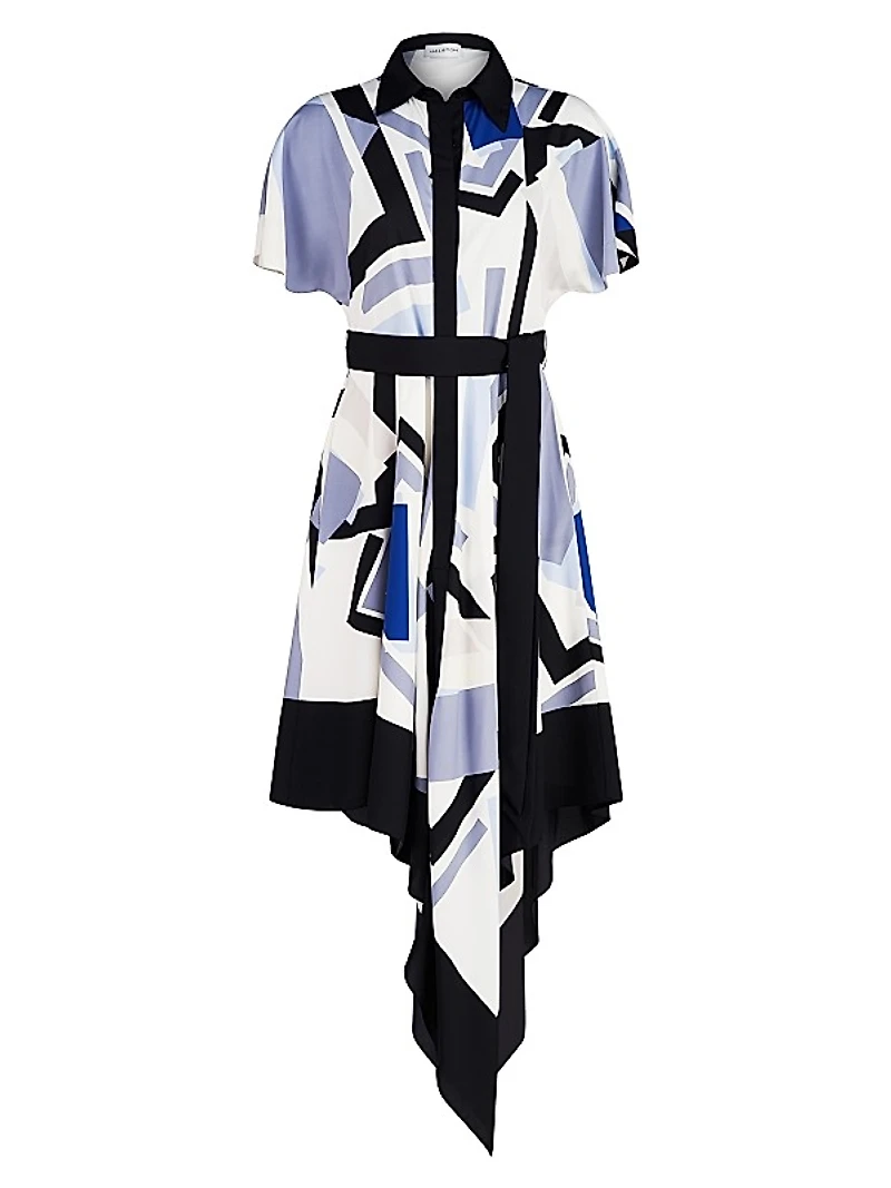 Hadley Crepe-De-Chine Geometric Belted Midi-Dress