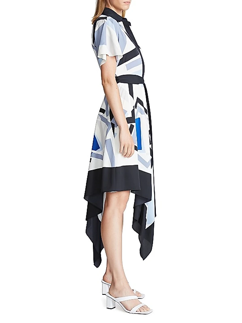 Hadley Crepe-De-Chine Geometric Belted Midi-Dress