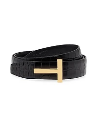 T Logo Croc-Embossed Leather Reversible Belt