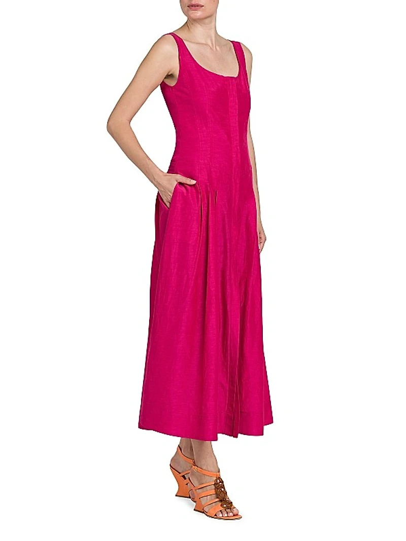 Scoopneck Pleated Midi-Dress