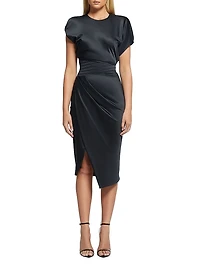 Bond Satin Pleated Asymmetric Midi-Dress