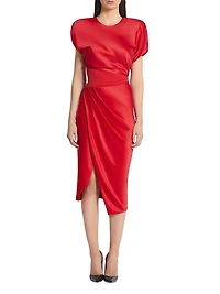 Bond Satin Pleated Asymmetric Midi-Dress