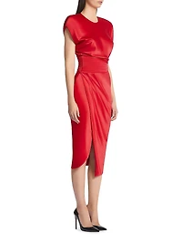 Bond Satin Pleated Asymmetric Midi-Dress