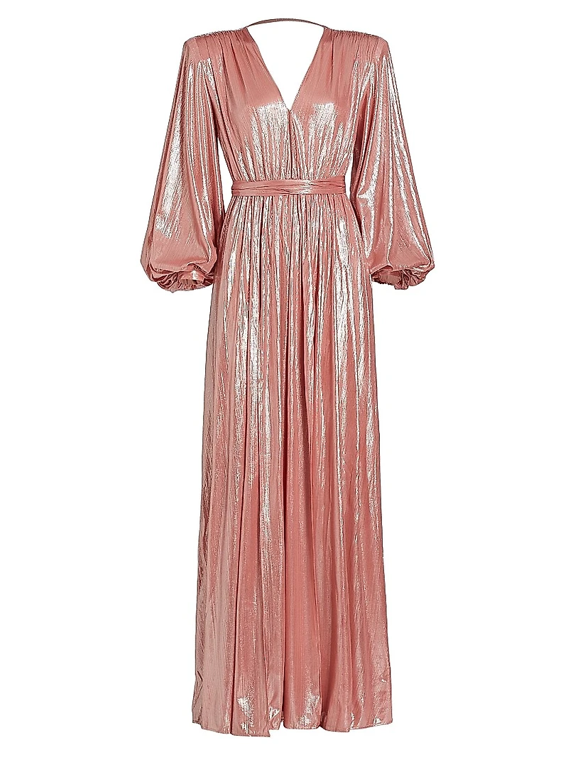 Zoe Billowy-Sleeve V-Neck Metallic Gown