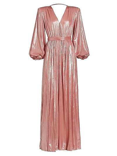 Zoe Billowy-Sleeve V-Neck Metallic Gown