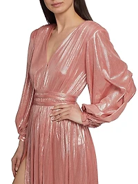 Zoe Billowy-Sleeve V-Neck Metallic Gown