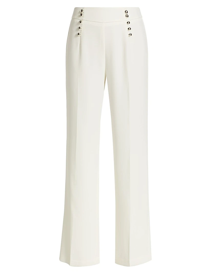 Button-Embellished Crepe Straight-Leg Trousers