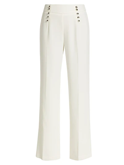 Button-Embellished Crepe Straight-Leg Trousers