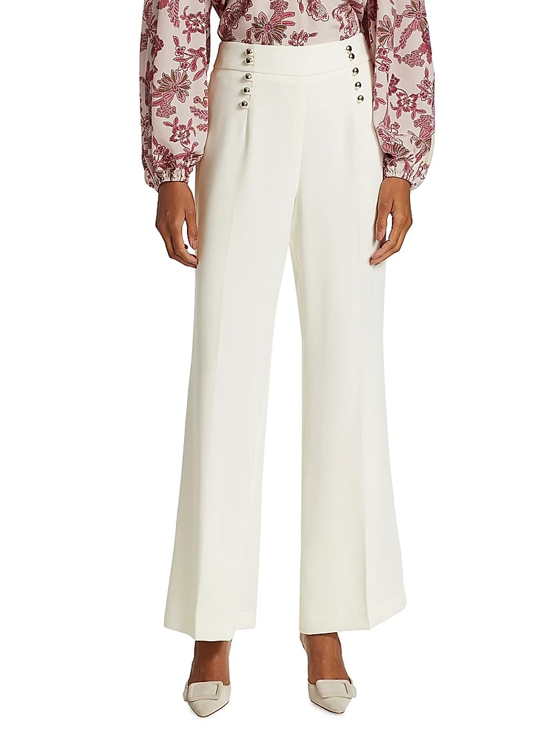 Button-Embellished Crepe Straight-Leg Trousers