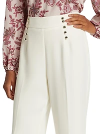Button-Embellished Crepe Straight-Leg Trousers