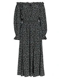 Night Floral Silk Off-The-Shoulder Midi-Dress