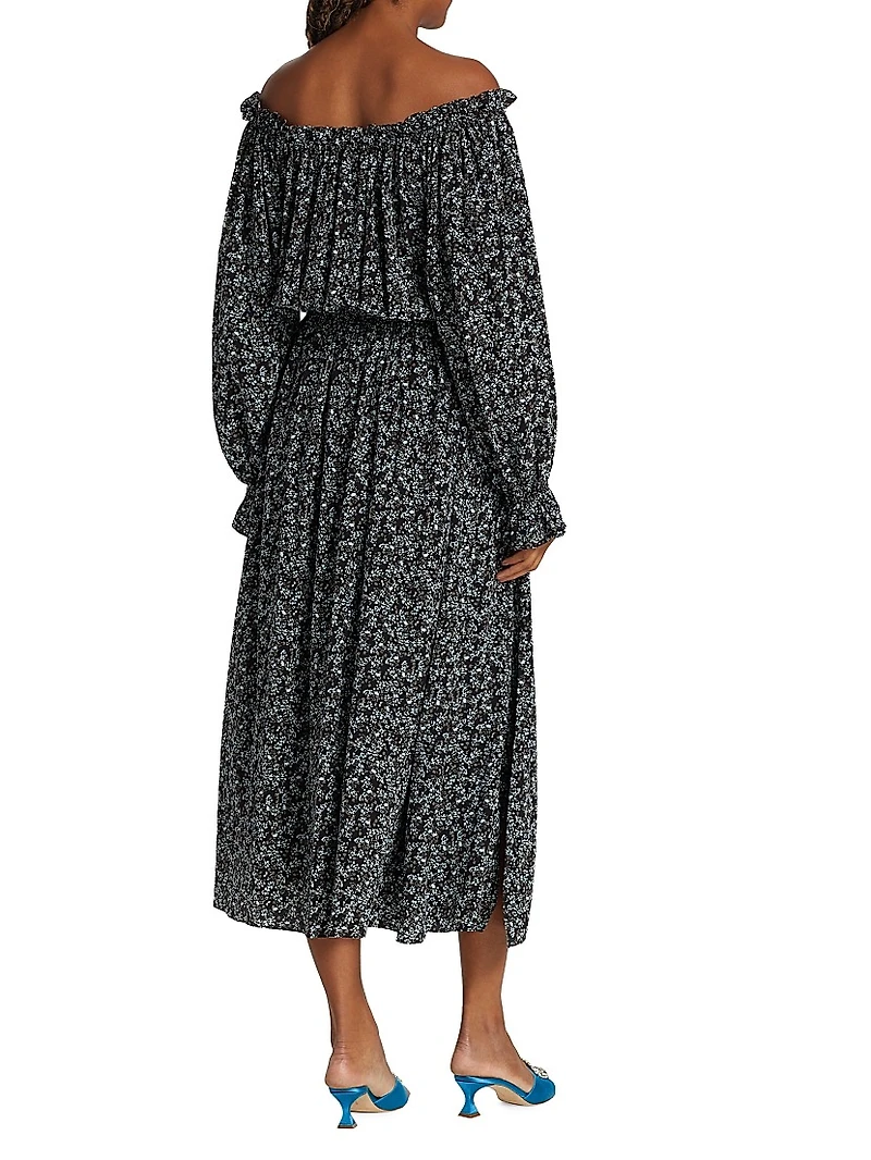 Night Floral Silk Off-The-Shoulder Midi-Dress