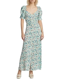 Rose-Printed Ruched Maxi Dress