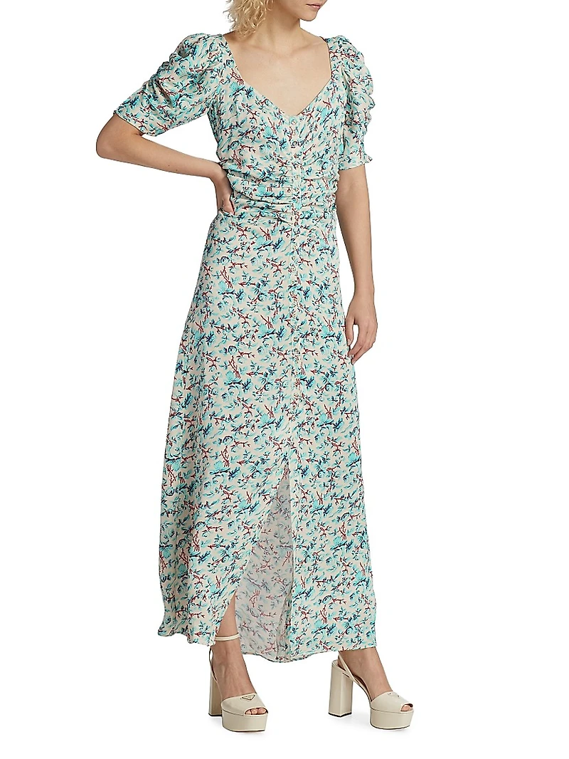 Rose-Printed Ruched Maxi Dress