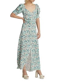 Rose-Printed Ruched Maxi Dress