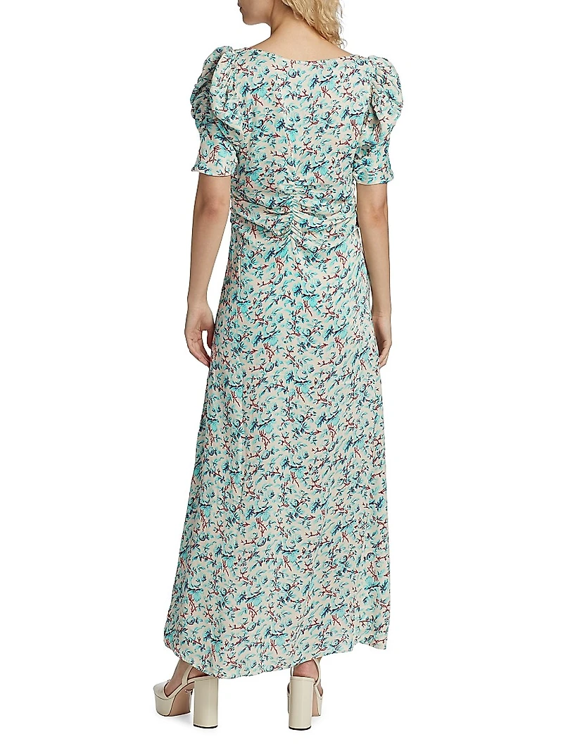 Rose-Printed Ruched Maxi Dress
