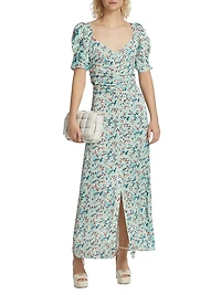 Rose-Printed Ruched Maxi Dress