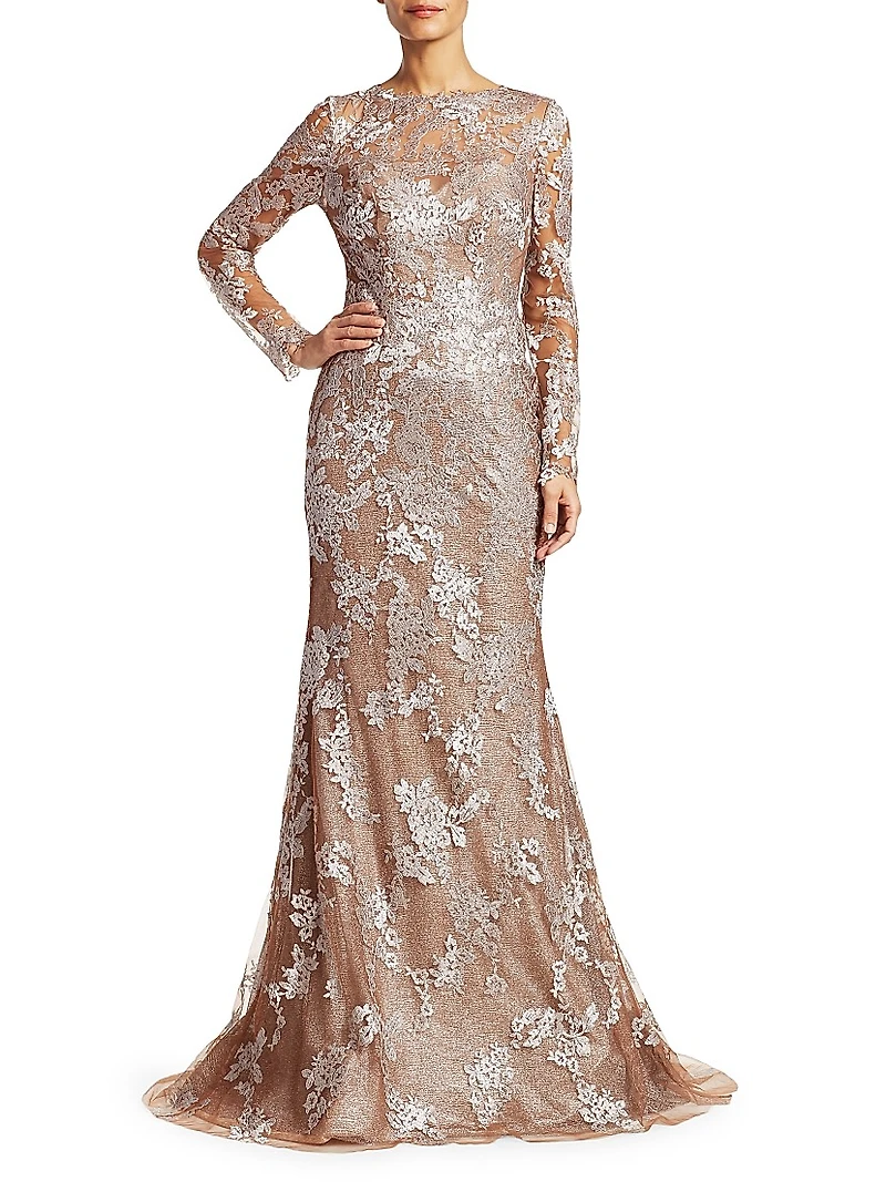 Floral-Embroidered Trumpet Gown