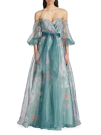 Floral Belted Off-The-Shoulder Gown