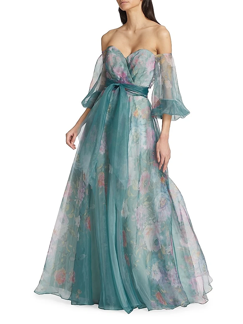 Floral Belted Off-The-Shoulder Gown