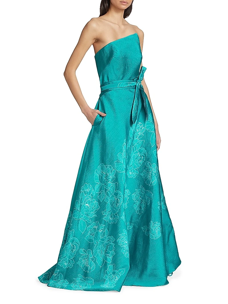 Strapless Floral-Embroidered Gown