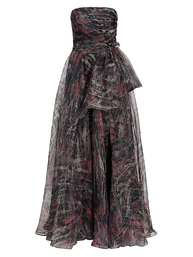 Printed Strapless Organza Gown