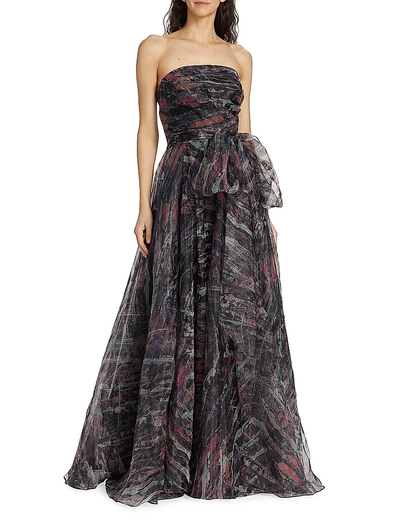 Printed Strapless Organza Gown