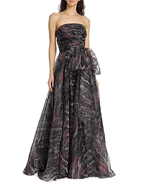 Printed Strapless Organza Gown