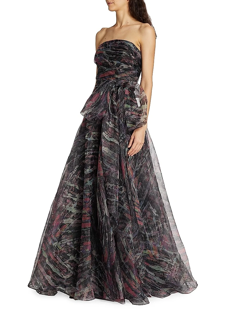 Printed Strapless Organza Gown