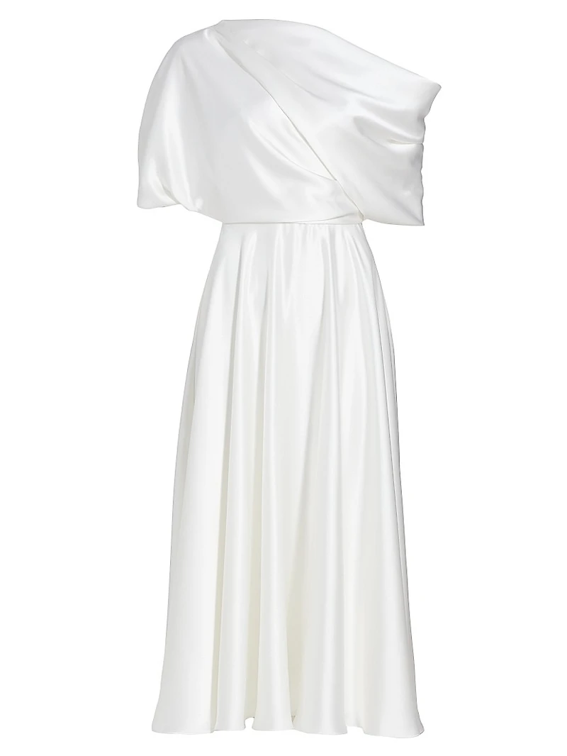 Draped Off-The-Shoulder Satin Midi-Dress