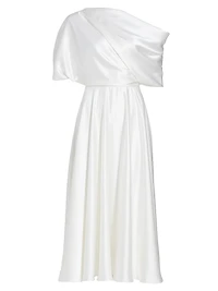 Draped Off-The-Shoulder Satin Midi-Dress