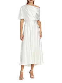 Draped Off-The-Shoulder Satin Midi-Dress