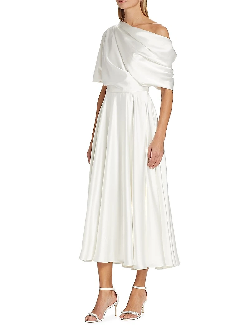 Draped Off-The-Shoulder Satin Midi-Dress