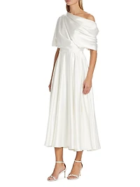 Draped Off-The-Shoulder Satin Midi-Dress