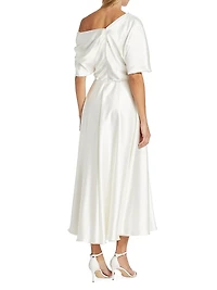 Draped Off-The-Shoulder Satin Midi-Dress