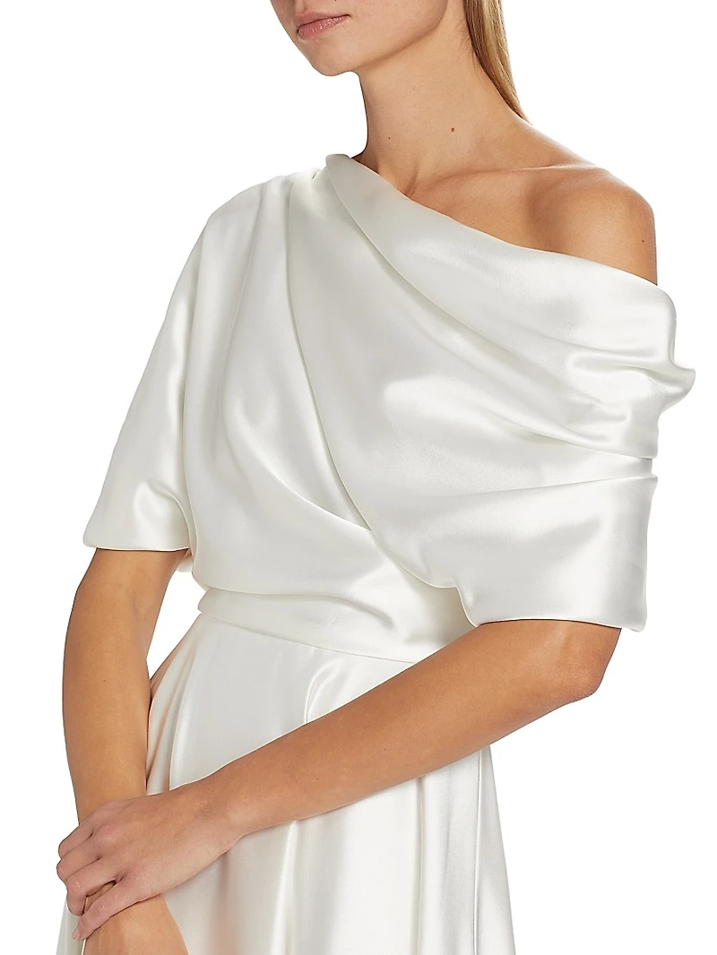 Draped Off-The-Shoulder Satin Midi-Dress