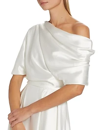 Draped Off-The-Shoulder Satin Midi-Dress