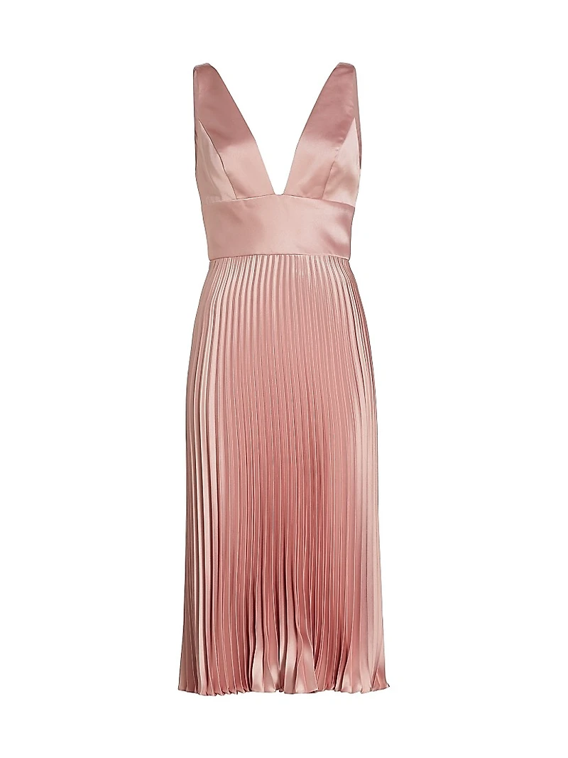 Satin V-Neck Pleated Midi-Dress