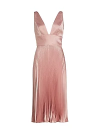 Satin V-Neck Pleated Midi-Dress