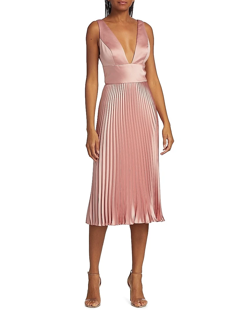 Satin V-Neck Pleated Midi-Dress