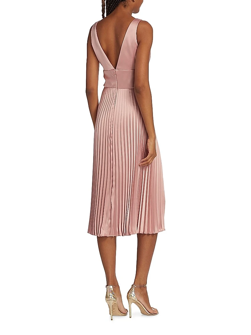Satin V-Neck Pleated Midi-Dress