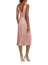 Satin V-Neck Pleated Midi-Dress