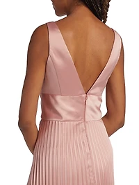Satin V-Neck Pleated Midi-Dress