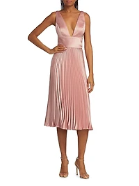Satin V-Neck Pleated Midi-Dress